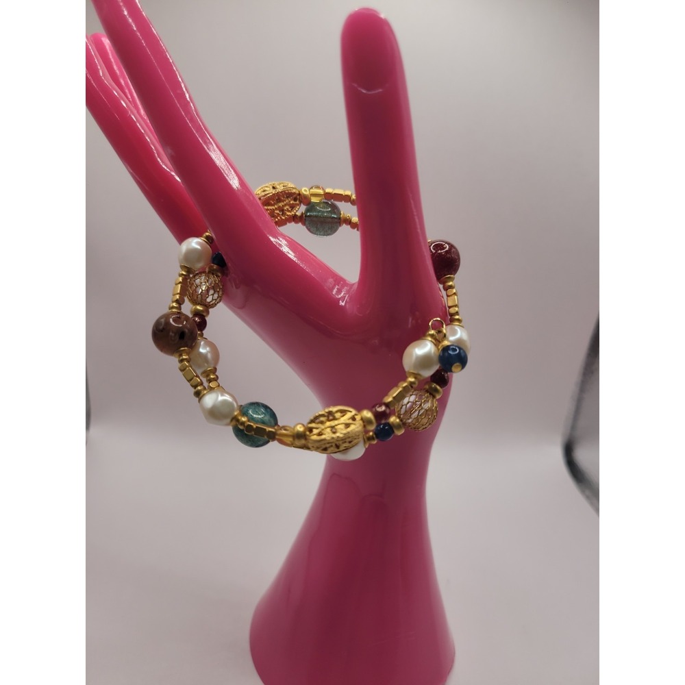 LCI Gold Tone Multi Strand Beaded Bracelet Pearl Style Multicolor Boho Statement